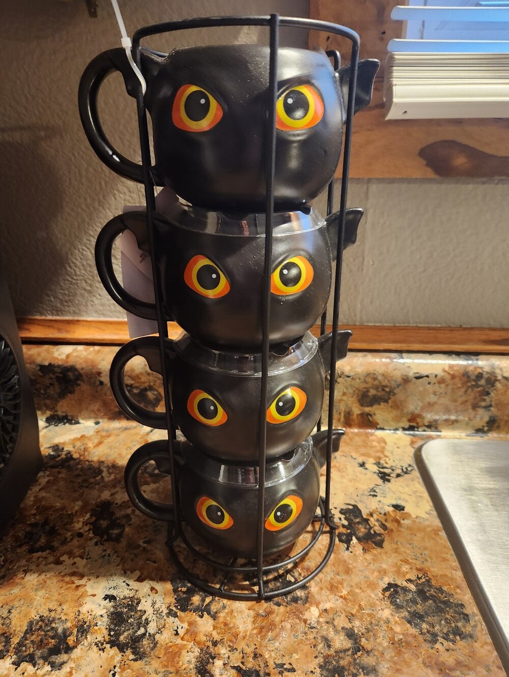 Brand New black Halloween Cat Eye Stackable Mugs with Rack